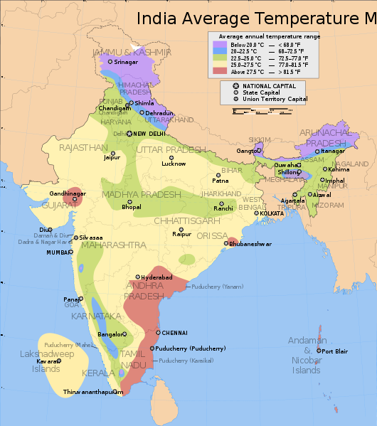 Map of India's average annual temperature